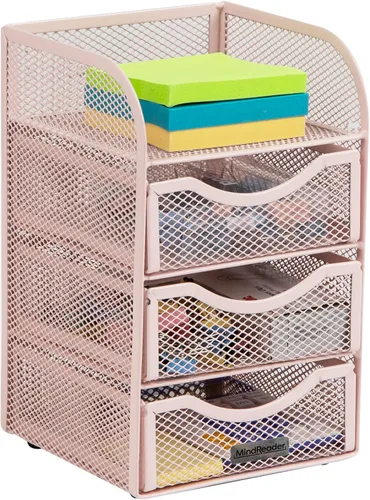 Vista 5 de Mind Reader Almacenamiento de accesorios de escritorio, cesta con clip para carpeta de papel, espacio de trabajo, oficina, malla metálica, 4.75 Rosa