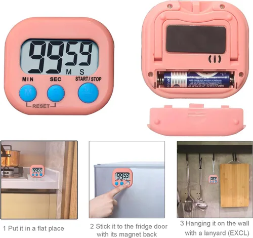 Vista 6 de Temporizador digital de cocina, temporizador electrónico con pantalla LCD transparente, función de cuenta arriba y abajo, 3 botones grandes, botón