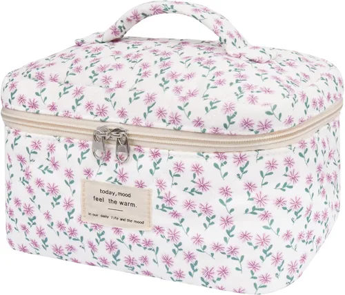 Vista 20 de Gosect Bolsa de maquillaje grande, bonita bolsa de cosméticos para mujeres y niñas, bolsa de aseo estética de coqueta floral, bolsa organizadora