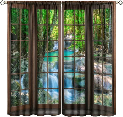 Vista 29 de Cortinas con Vista Natural, Estampado de Patrón de Río y Bosque Hermoso para Ventana, Cortinas Oscuras Aisladas para Dormitorio o Sala de 2 Paneles
