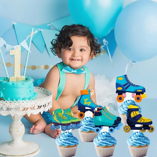 Vista 8 de 48 piezas de decoración para cupcakes de patinaje sobre ruedas, decoraciones de fiesta de cumpleaños para niños, temática de patinaje azul