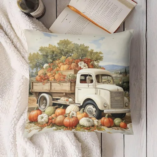 Vista 4 de Funda de cojín de 12 x 12 pulgadas, diseño de hojas de arce y calabaza naranja Happy Harvest Farm Truck para exteriores, decoración moderna