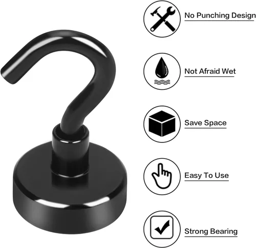 Vista 4 de E BAVITE Ganchos magnéticos negros, gancho magnético de neodimio fuerte de 30 libras para crucero, parrilla, toalla, colgar en interiores, cocina