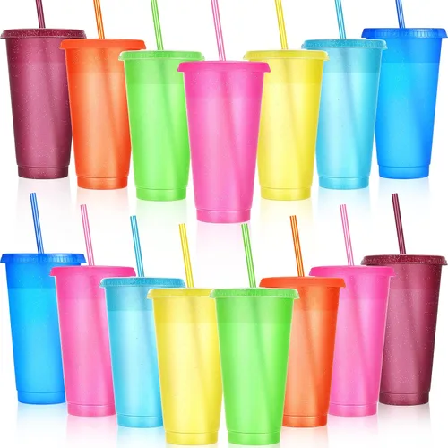 Vista 19 de Honeydak Paquete de 60 vasos con popote y tapa, vasos a granel para regalos, tazas de café de plástico con purpurina de 24 a 27 onzas, botella
