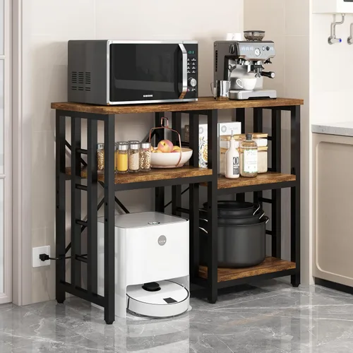 Vista 2 de Estante de cocina de 4 niveles con toma de corriente, mini refrigerador y microondas, mesa de barra de café de 5 niveles, soporte para tanque