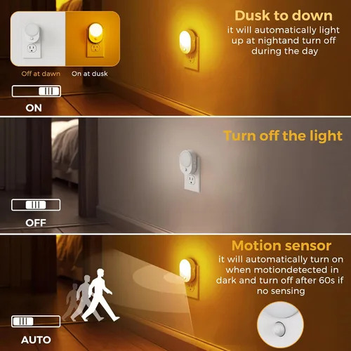 Vista 2 de L LOHAS LED Luz nocturna con sensor de movimiento, paquete de 2 luces nocturnas enchufables a la pared, sensor de movimiento y sensor de atardecer a