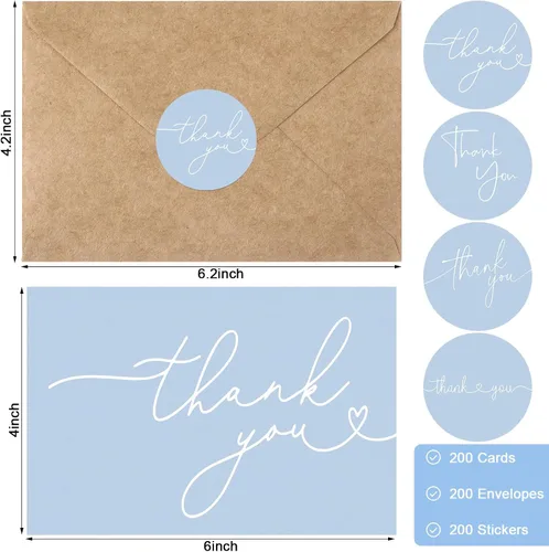 Vista 2 de Teling Juego de 200 tarjetas de agradecimiento con sobres a granel, 6 x 4 pulgadas, notas de agradecimiento en blanco con sobres de papel kraft