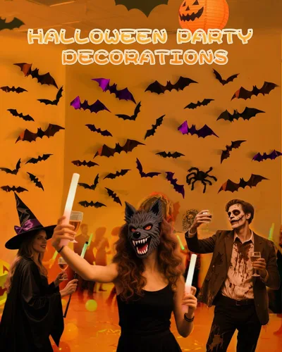 Vista 7 de 72 piezas de decoración de murciélagos de Halloween para interiores y exteriores, suministros de fiesta de Halloween, calcomanías de murciélago 3D 3