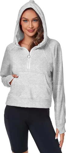 Vista 6 de FKEEP Womens Half Zip Hoodies Quarter Zipper Up Cropped Sweatshirt Long Sleeve Athletic Pullover Tops with Thumb Hole