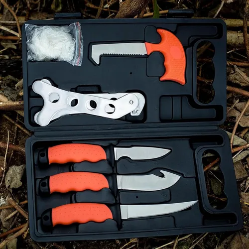 Vista 6 de Game Processor - Juego de cuchillos de caza de 7 piezas Cuchillos de capado y deshuesado, cuchillo desollador con gancho para vísceras, sierra