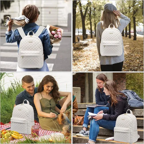 Vista 6 de LOVEVOOK Mochila pequeña acolchada para mujer, mochila de cuero, impermeable, para viajes de trabajo, Beige, Compacto