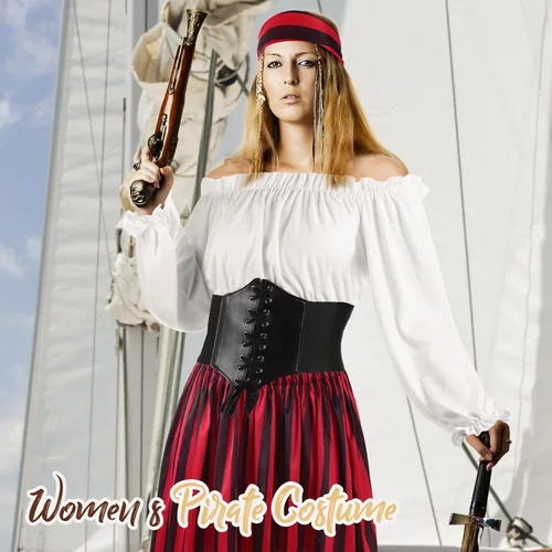 Vista 2 de Newcotte 4 piezas de Halloween para mujer, disfraz de pirata, cosplay, renacentista, blusa con corsé, cinturón de cintura, falda pirata, rayas