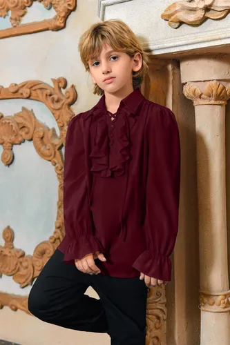 Vista 2 de Bbalizko Camisa de vampiro pirata con volantes, medieval, renacentista, con cordones, para niños, gótica, victoriana, disfraz de Halloween