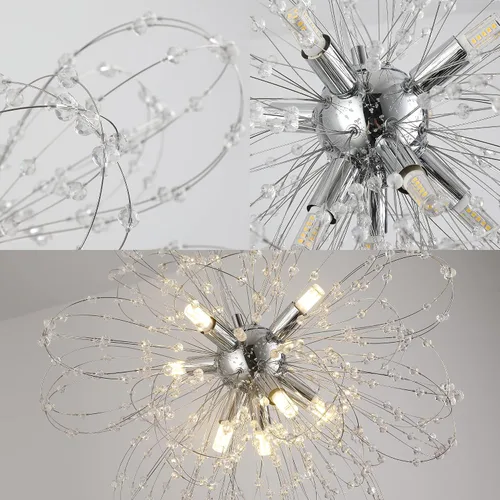 Vista 6 de Candelabros de cristal de fuegos artificiales, moderna lámpara de diente de león cromada, lámpara colgante Sputnik de 8 luces para dormitorio, isla