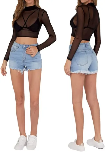 Vista 5 de MANGOPOP Women's Short Sleeve Long Sleeve Sheer Mesh Crop Tops Tee Shirt Blouse