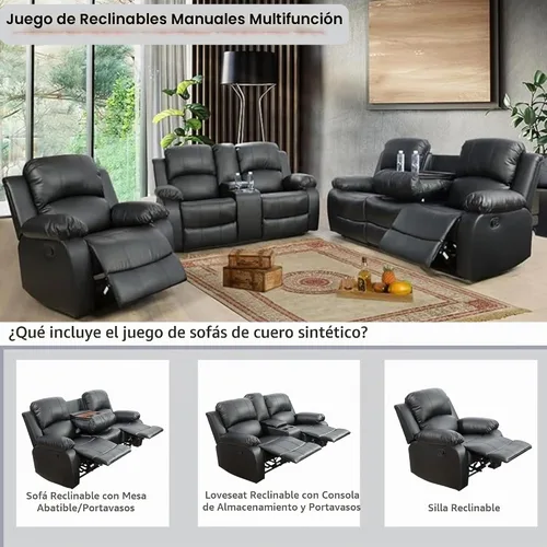 Vista 2 de Juego de sofá reclinable manual con mesa desplegable, juegos de sofás de pana, juegos de muebles de sala de estar, juegos de sofá reclinable manual