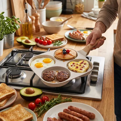 Vista 5 de Sartén para huevos de 4 tazas, cocina de hamburguesas para panqueques de huevo, fácil desayuno, olla antiadherente de aleación de aluminio con mango
