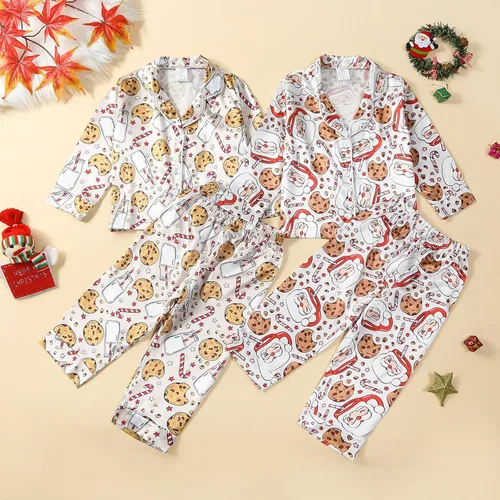 Vista 7 de BULINGNA Conjunto de pijama de dos piezas de Navidad para niños y niñas pequeñas, pijama de satén con diseño de galleta de Papá Noel y pantalones
