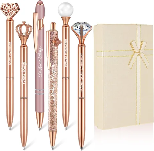 Vista 17 de Qeeenar 6 bolígrafos elegantes para mujer, bolígrafo de diamantes de cristal para diario, bonito bolígrafo con purpurina con caja, regalos Negro