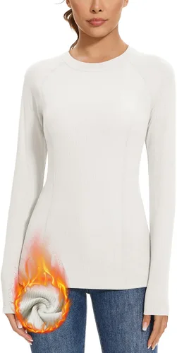 Vista 13 de WOWENY Camisas térmicas para mujer, forro polar, manga larga, capa base, parte superior de invierno Azul bebé