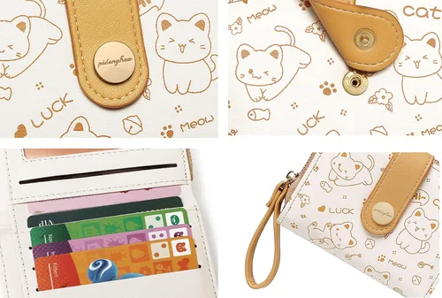 Vista 4 de Wytidian Carteras de gato para niñas, bonita cartera pequeña de piel sintética con tarjetero con ventana de identificación para mujeres y niñas