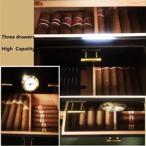 Vista 4 de Humidor de cigarros higrómetro montado en la parte delantera Caja de almacenamiento y humidificador forrado de cedro, acabado de revestimiento negro
