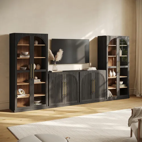 Vista 39 de BELLEZE Centro de entretenimiento modular de 4 piezas con almacenamiento, 2 vitrinas de madera moderna con gabinete arqueado y 2 armarios de puerta