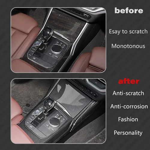 Vista 6 de x xotic tech Cubierta del panel de cambio de engranajes de la consola central interior, patrón de fibra de carbono, compatible con BMW Serie 3 G20