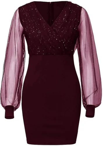 Vista 3 de NAMTYQX Vestido corto de manga larga con cuello en V y purpurina para mujer talla grande con lentejuelas cóctel fiesta club noche