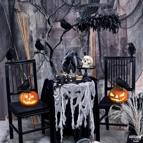 Vista 5 de KatchOn Tela espeluznante y cuervos de Halloween, gasa negra, paquete de 7 Negro