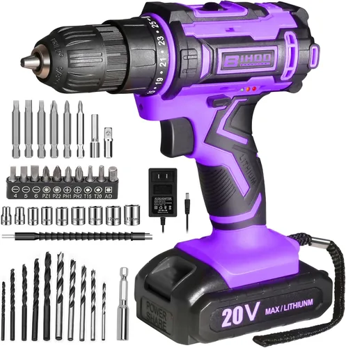 Vista 18 de Juego de Taladro Inalámbrico 12V, Kit de Taladro con Batería y Portabrocas sin Llave de 3/8 Pulgadas, 2 Velocidades Variables y 43 Piezas de Brocas
