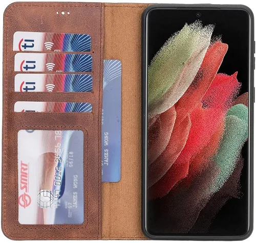 Vista 10 de HARDISTON Funda tipo cartera compatible con Samsung Galaxy S21, hecha a mano, de piel auténtica, cubierta magnética desmontable tipo flip con Negro