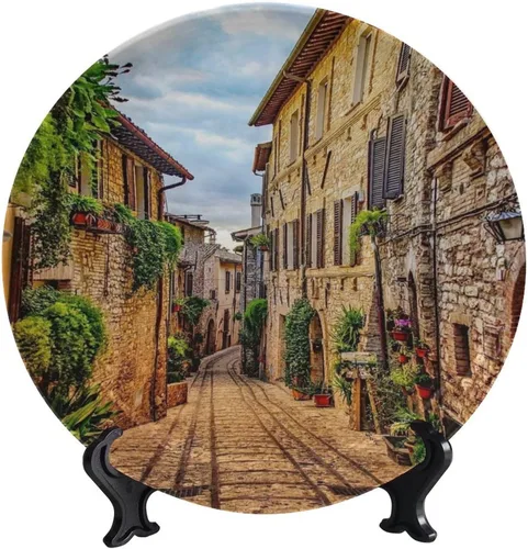 Vista 53 de Plato decorativo colgante de cerámica con temática de paisaje, plato decorativo redondo de plantas en maceta, con soporte decorativo, para sala
