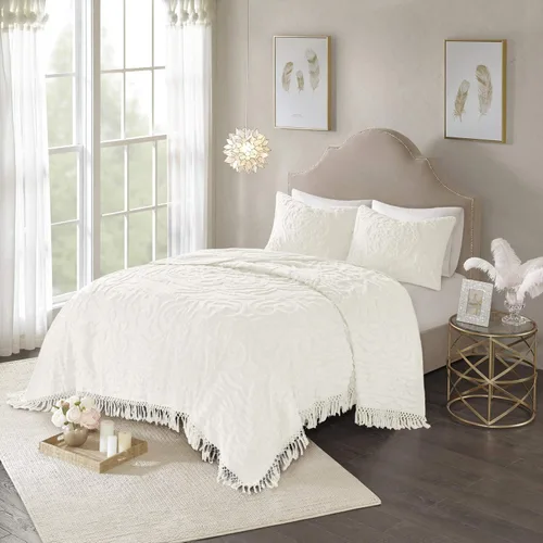 Vista 2 de Madison Park Laetitia - Juego de colcha ligera 100% algodón, chenilla mullida transpirable, diseño bohemio shabby chic con medallón, funda