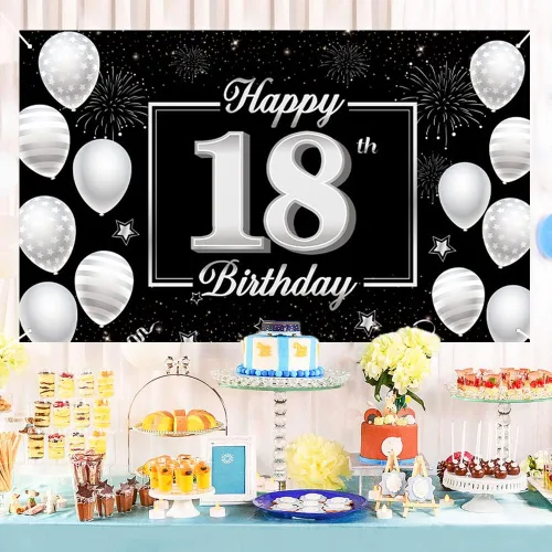 Vista 4 de Cartel de fondo de cumpleaños número 18, decoración de fiesta plateada y negra para niños y niñas, fondo de cabina de fotos