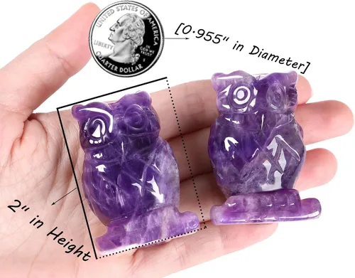 Vista 3 de QINJIEJIE Estatuas de Búho de Amatista de 2 Pulgadas, Figuras de Búhos Decorativas, Cristales de Piedra Tallados, Estatuas de Búhos de Gemas