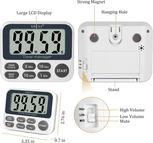 Vista 6 de XREXS Temporizador digital de cocina magnético, temporizador de cuenta regresiva con pantalla LCD grande, volumen ajustable, alarma fuerte y imán