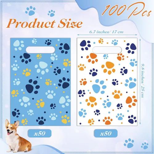 Vista 2 de Pasimy 100 bolsas de regalo de pata de perro a granel, diseño de pata de mascota, bolsas de plástico con asa para decoración de fiesta de cumpleaños
