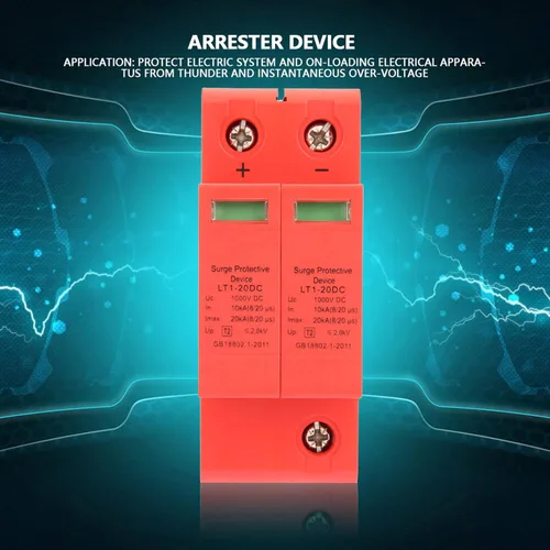 Vista 8 de DC 1000V 2P House Protector 10-20KA Dispositivo de pararrayos de bajo voltaje Dispositivo de protección de riel DIN ignífugo para protección contra