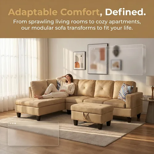 Vista 5 de Sofá modular de cuero en forma de L de 3 piezas – Sofá modular convertible con diván móvil y otomana de almacenamiento, uso multiescenario para sala
