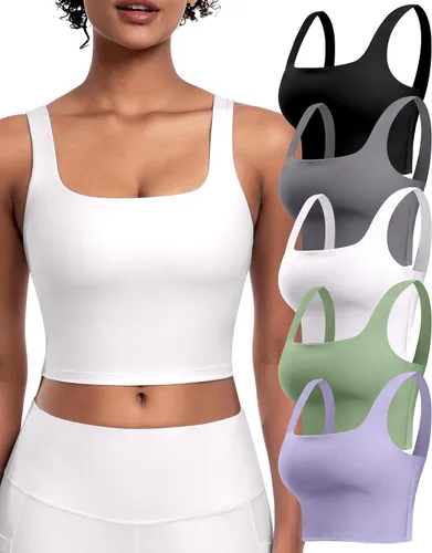 Vista 8 de Sujetadores deportivos para mujer, paquete de 5 unidades, cuello cuadrado, camiseta corta sin mangas acolchada para yoga con almohadillas integradas