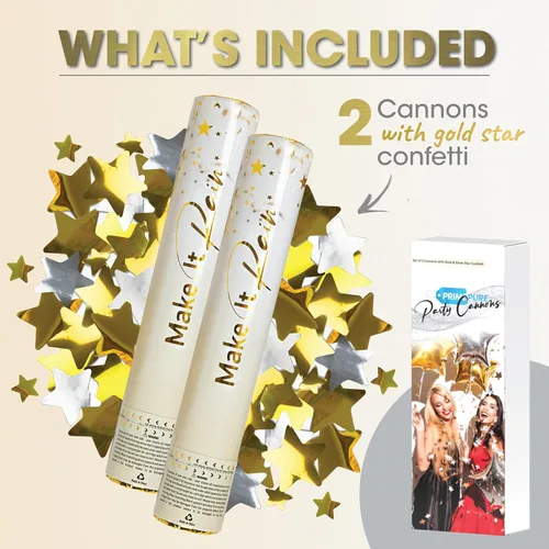 Vista 4 de Cañones de confeti para fiestas PrimePure - Botones de confeti dorados con estrellas - Paquete de 2 - Cañón de fiesta de Año Nuevo - Pistola