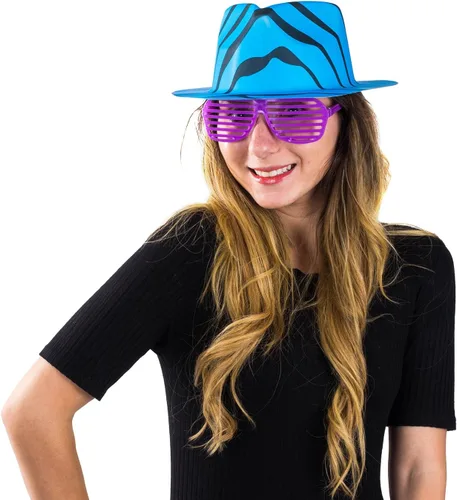 Vista 4 de Funny Party Hats Neon Party Supplies - 80's Style, Neon Gangster Hats, Fedora Party Hats WNeon Mini Boas - Party Dress Up