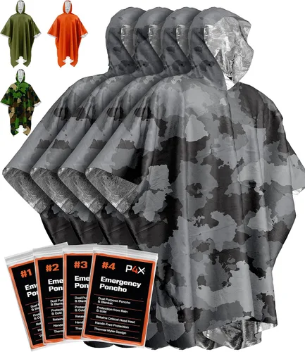 Vista 12 de PREPARED4X Poncho de emergencia Mylar – Poncho de lluvia de supervivencia con capucha – Ligero, compacto, reutilizable, manta de emergencia Poncho