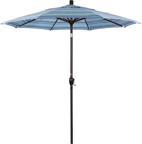 Vista 14 de California Umbrella Sombrilla redonda de aluminio de 7.5 pies, manivela elevadora, botón de inclinación, poste de bronce, Sunbrella Air Blue