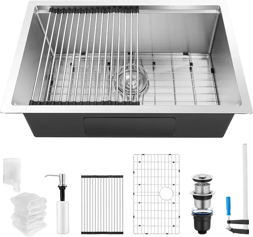 Vista 9 de Herogo Fregadero de barra de cocina de 15 x 15 pulgadas, fregadero pequeño profundo de un solo tazón con rejilla inferior de acero inoxidable