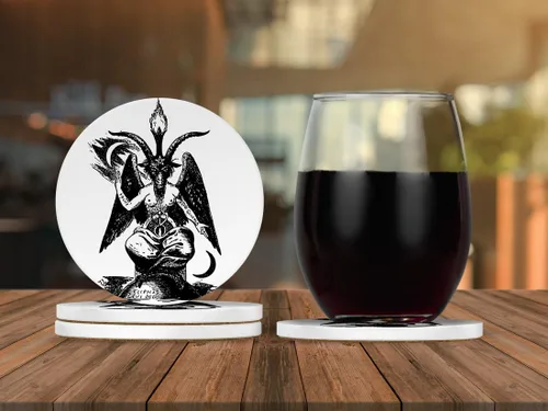 Vista 2 de Baphomet Lucifer Goat Design - Posavasos redondos, piedra arenisca natural, juego de 4