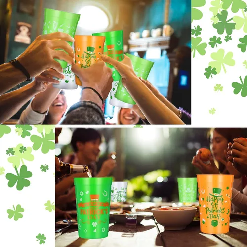 Vista 7 de Meanplan 36 tazas de plástico para el Día de San Patricio de 12 onzas de plástico verde trébol reutilizables a granel para niños y adultos