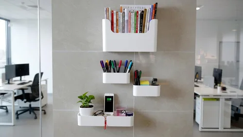 Vista 4 de Estantes adhesivos para montar en la pared, juego de 4 cubos de almacenamiento duraderos de plástico ABS para colgar, color blanco, excelente
