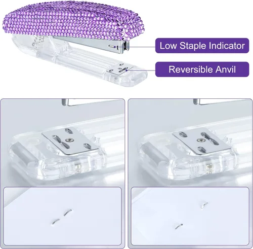 Vista 5 de Grapadora deslumbrante de cristal de diamante pegado hecha a mano para oficina, escuela o hogar (morado)